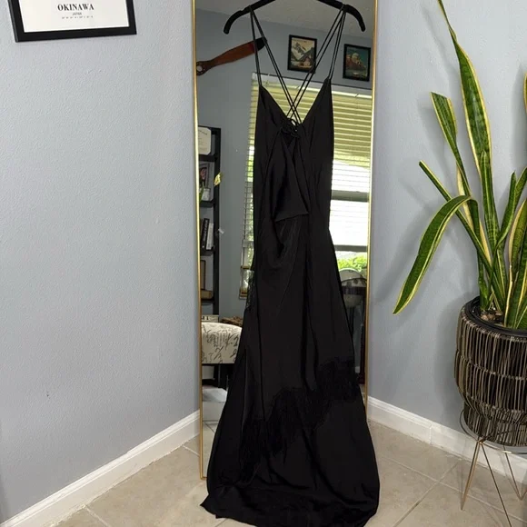 Chandra Lace Detail Satin Maxi Dress - Black NWOT -  threedaughtersproperties.com